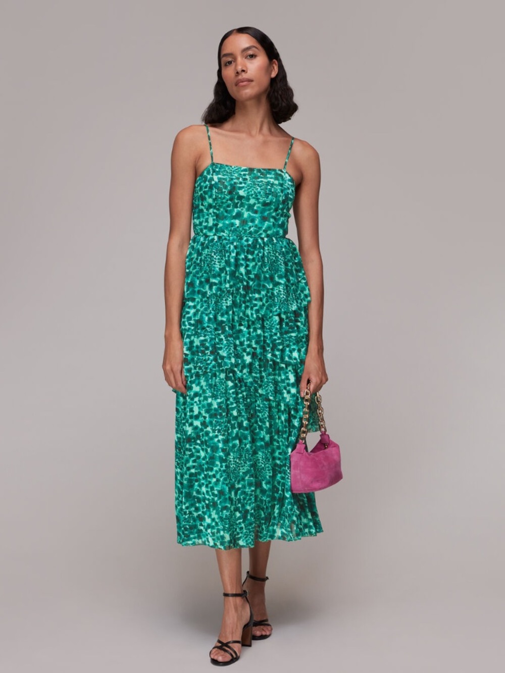NWT Whistles Watercolour Wildcat Tier Dress Green Multi Midi Size 2